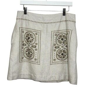 Floreat Skirt 8 White Gold Shimmer Embroidered Beaded A-Line Boho Linen Blend